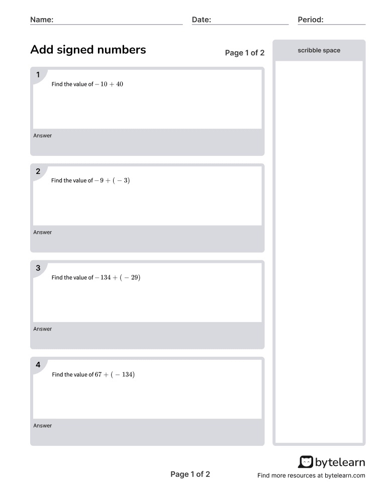 Add Signed Numbers Worksheets [PDF] (7.NS.A.1.D) 7th Grade Math