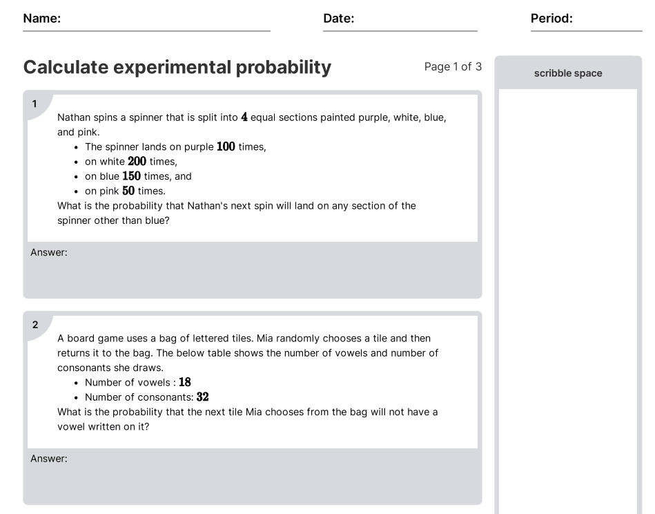 Calculate Experimental Probability Worksheets [PDF] (7.RP.A.1) 7th