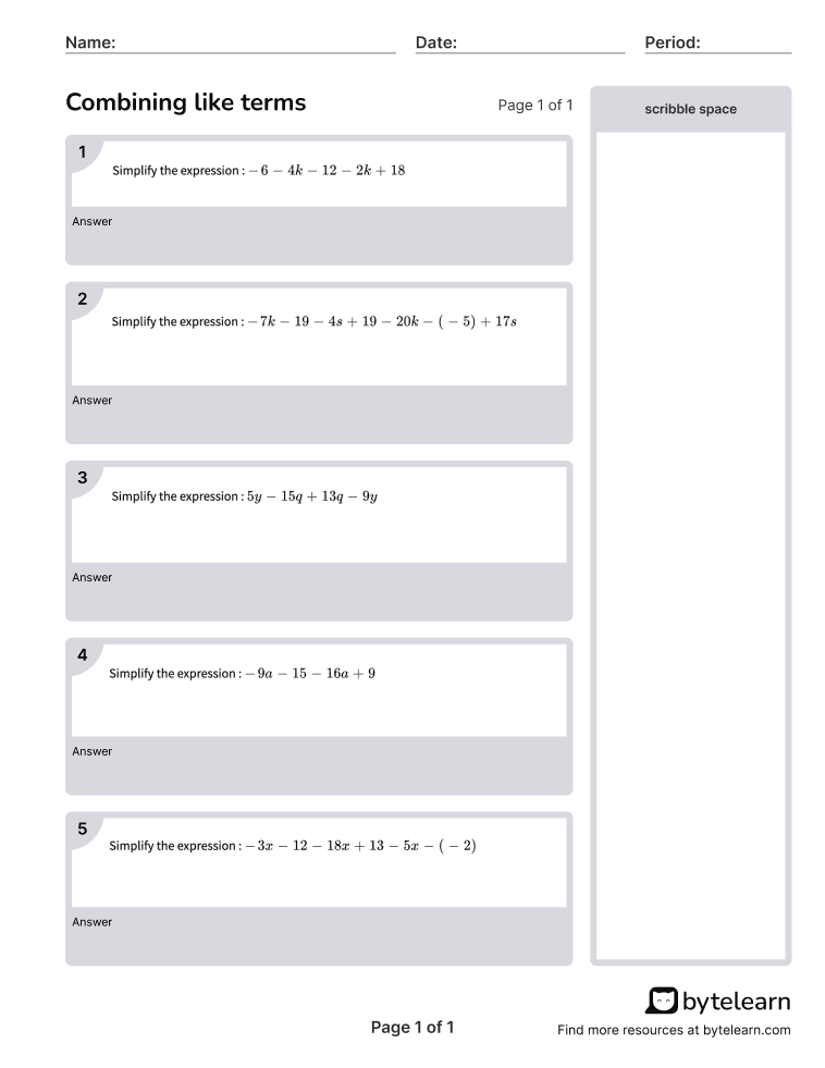 assignment 7 combining like terms quizlet