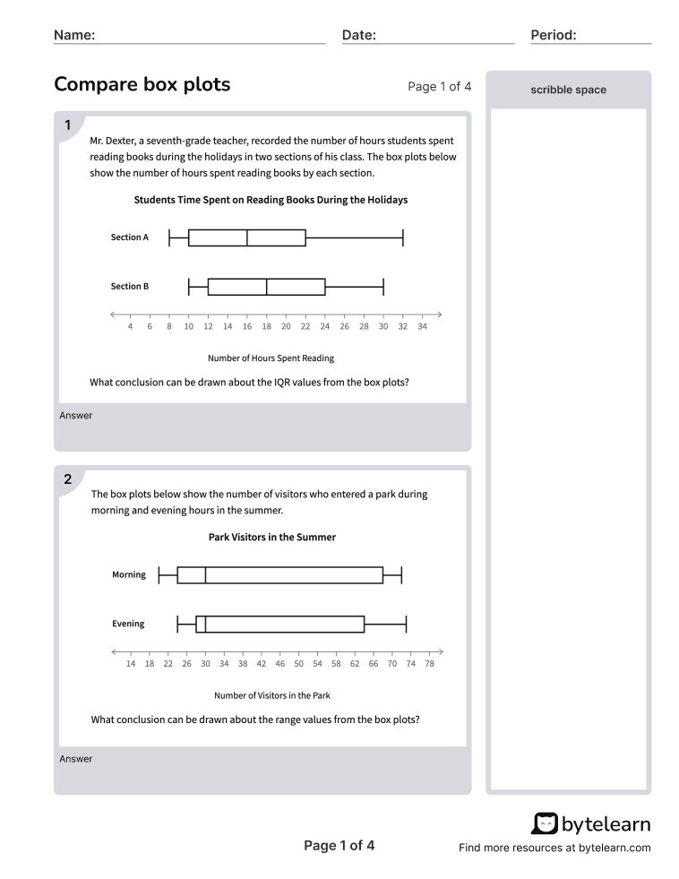 Compare Box Plots Worksheets PDF (7 SP B 3): 7th Grade Math