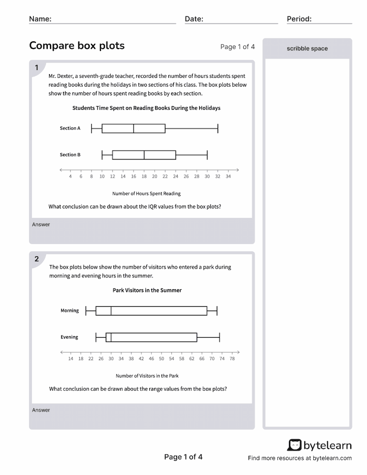 Compare Box Plots Worksheets [PDF] (7.SP.B.3): 7th Grade Math