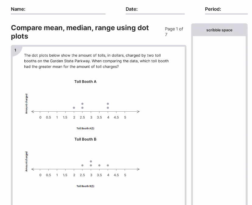 Compare Mean, Median, Range Using Dot Plots Worksheets [PDF] (6.SP.B.4
