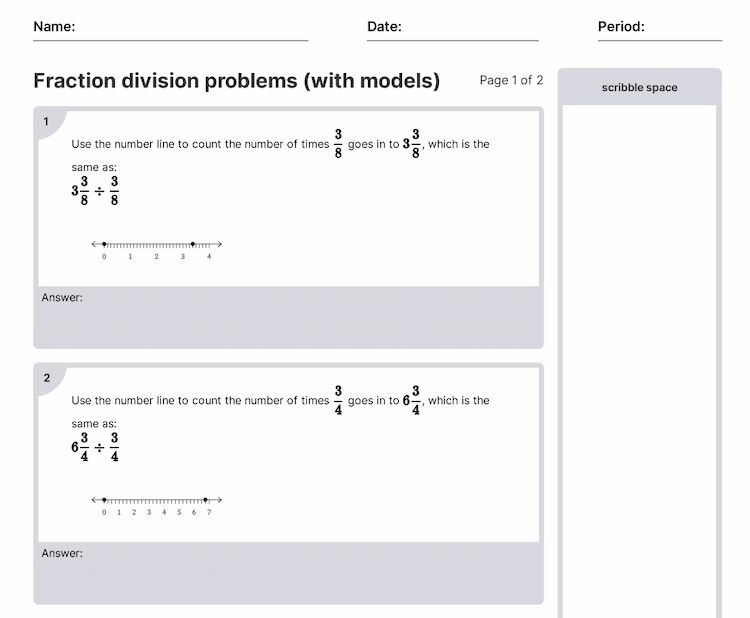 Fraction Division Problems (With Models) Worksheets [PDF] (6.NS.A.1