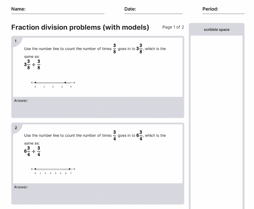 Fraction Division Problems (With Models) Worksheets [PDF] (6.NS.A.1