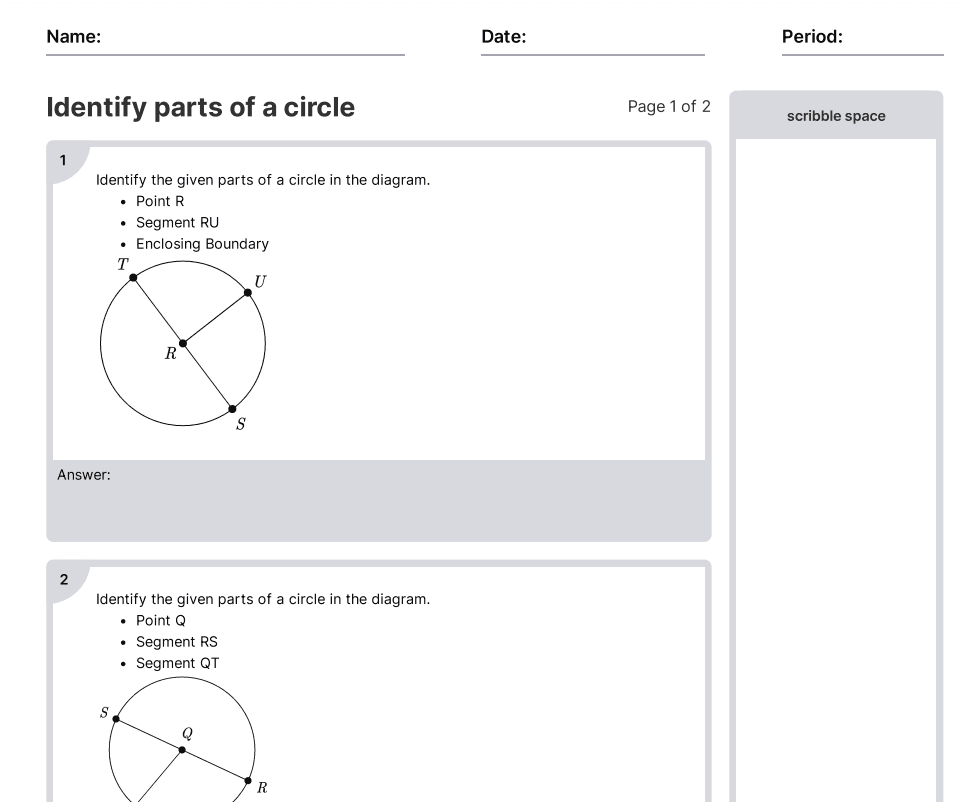 Identify Parts Of A Circle Worksheets [PDF] (7.RP.A.2.A) 7th Grade Math