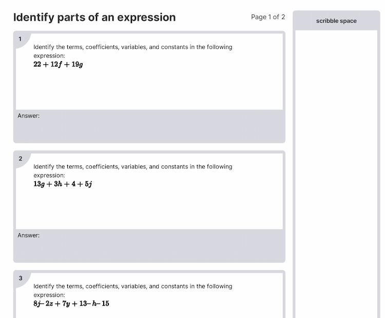 Identify Parts Of An Expression Worksheet [PDF] (6.RP.A.1): 6th Grade Math