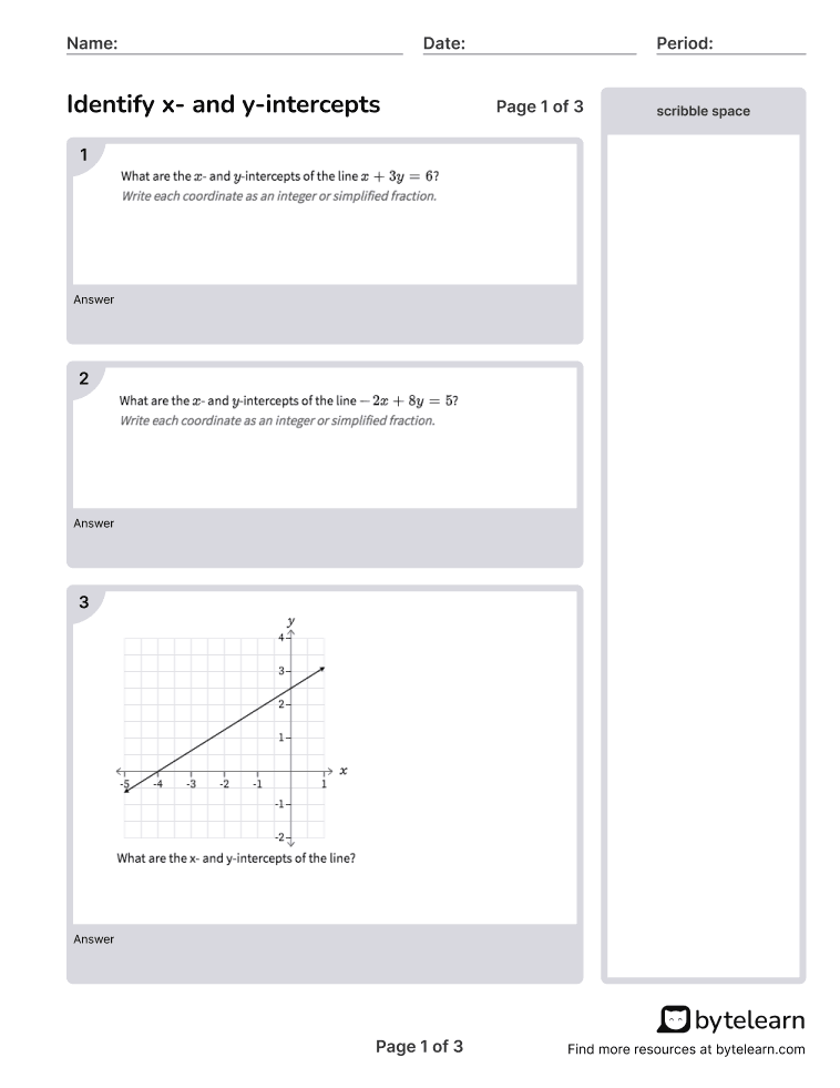 Identify X And YIntercepts Worksheets [PDF] (8.F.A.3) 8th Grade Math