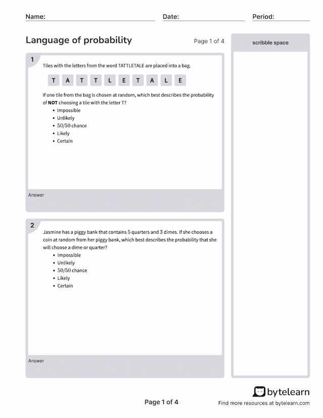 Language Of Probability Worksheets [PDF] (7.SP.C.5) 7th Grade Math
