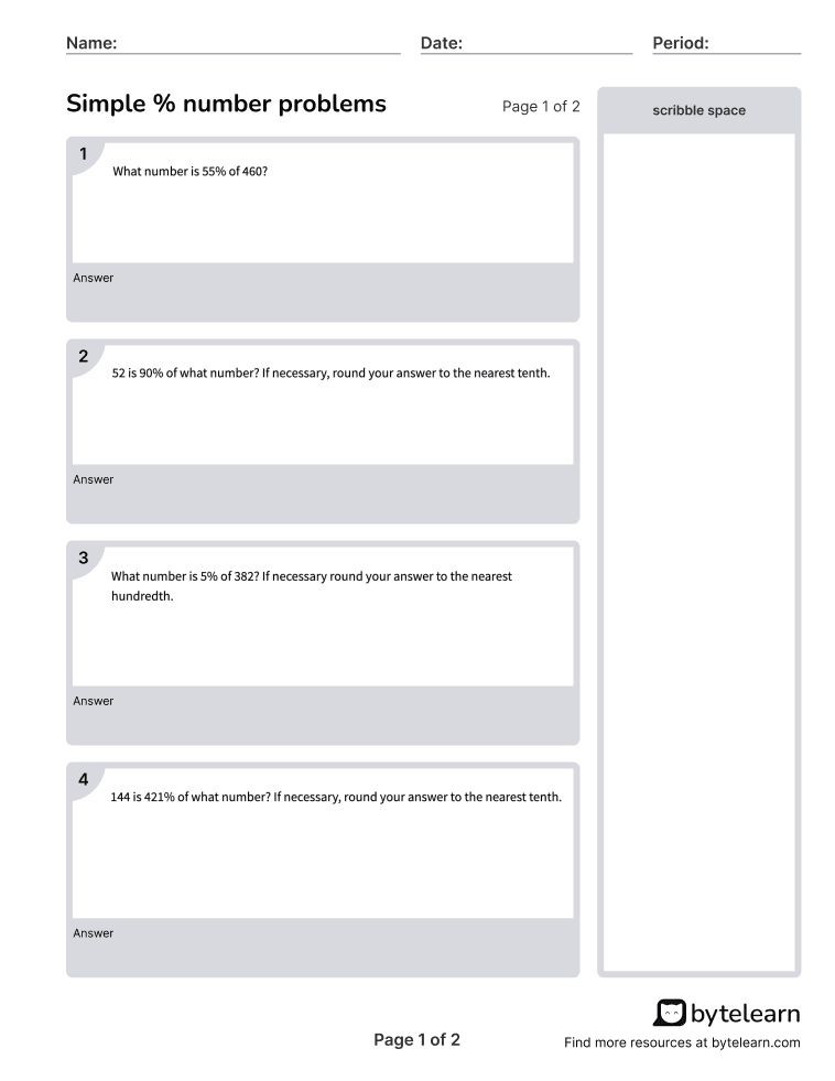 Simple % number problems worksheet-  p1-4q.png