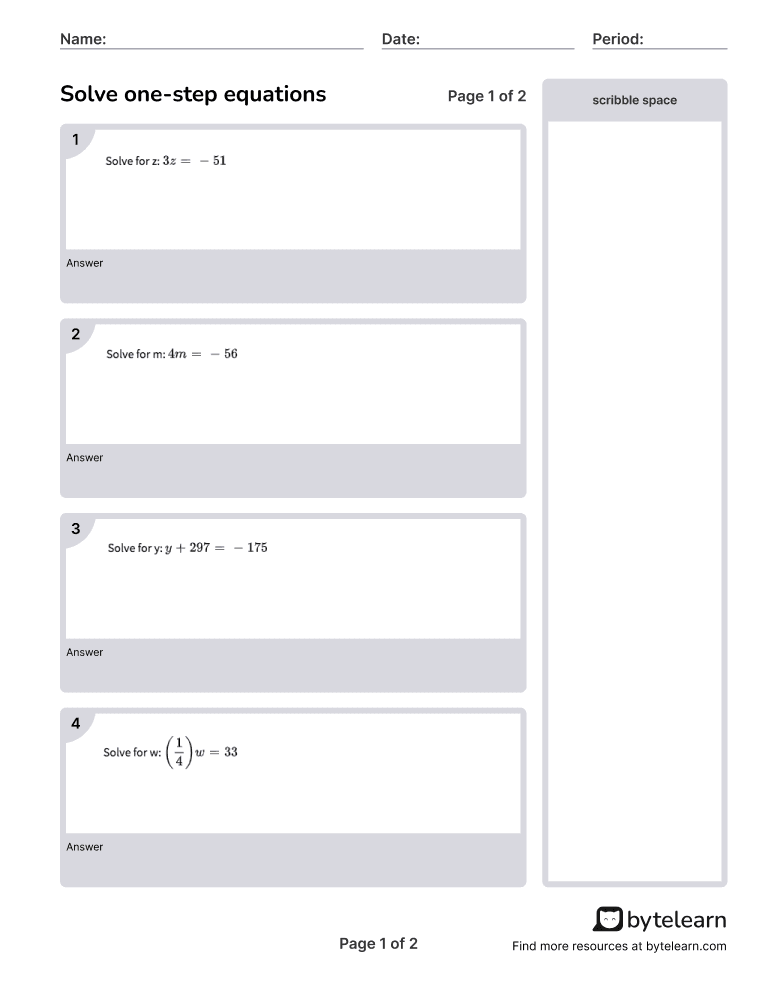 Solve OneStep Equations Worksheets [PDF] (7.EE.B.3) 7th Grade Math