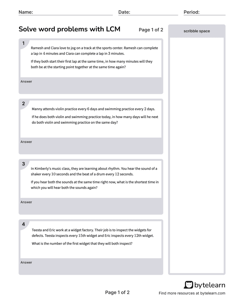 Solve Word Problems With Lcm Worksheets PDF (6 NS B 4): 6th Grade Math