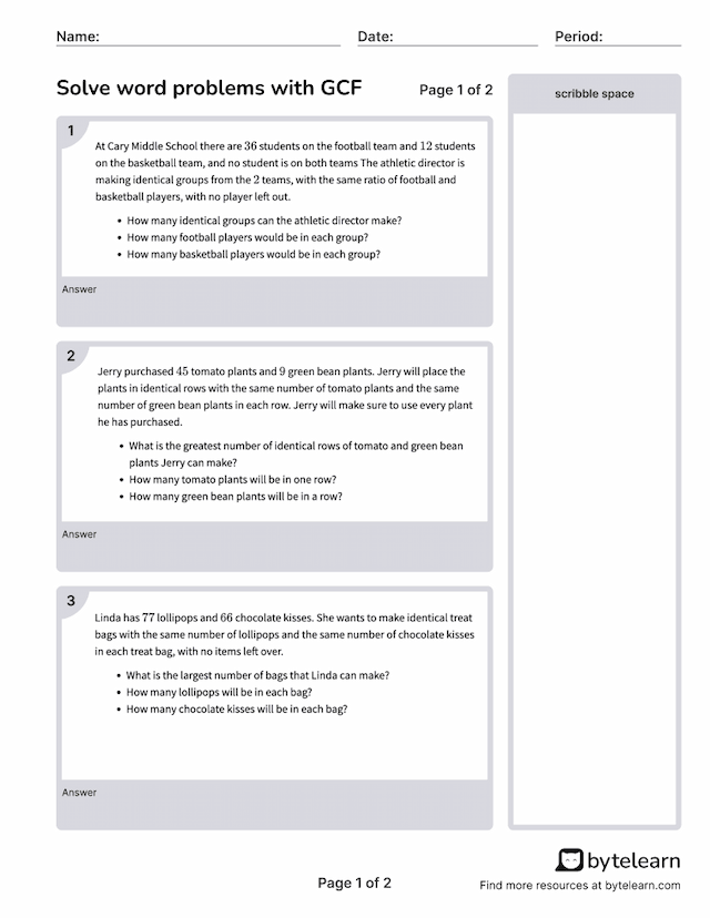Solve Word Problems With Gcf Worksheets [PDF] (6.NS.B.4) 6th Grade Math