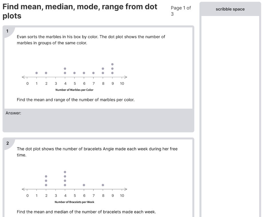 Find mean, median, mode, range from dot plots.png