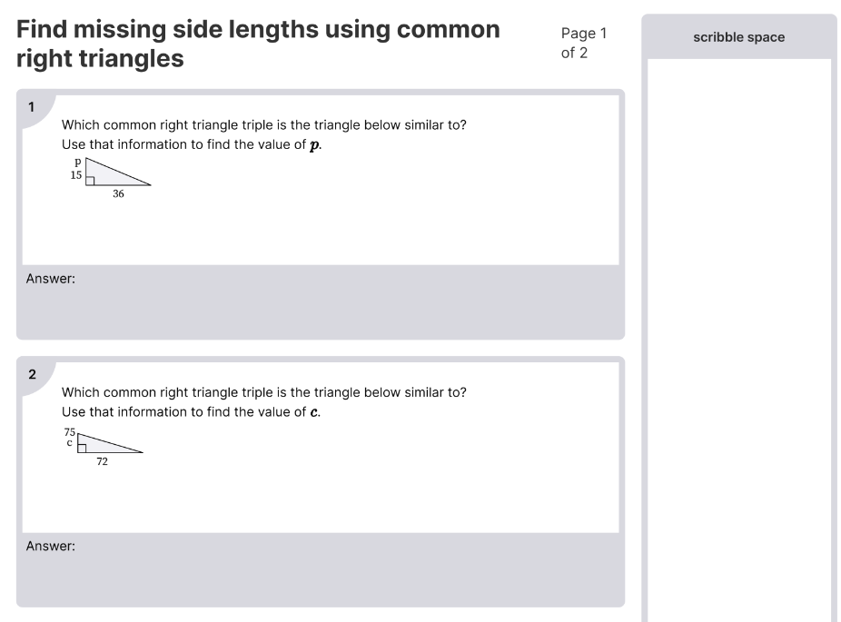 Find missing side lengths using common right triangles.png