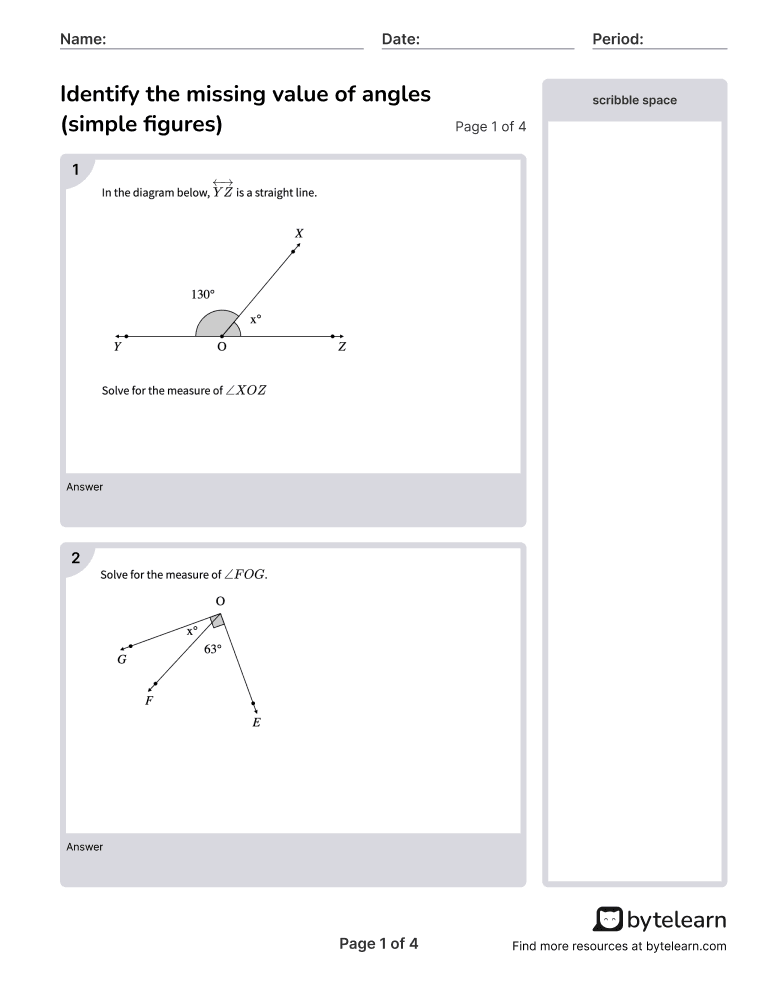Identify the missing value of angles (simple figures) Worksheet-  p1-2q.png