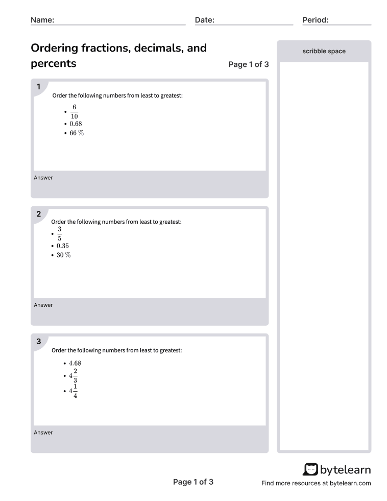 Ordering fractions, decimals and percents Thumbnail.png