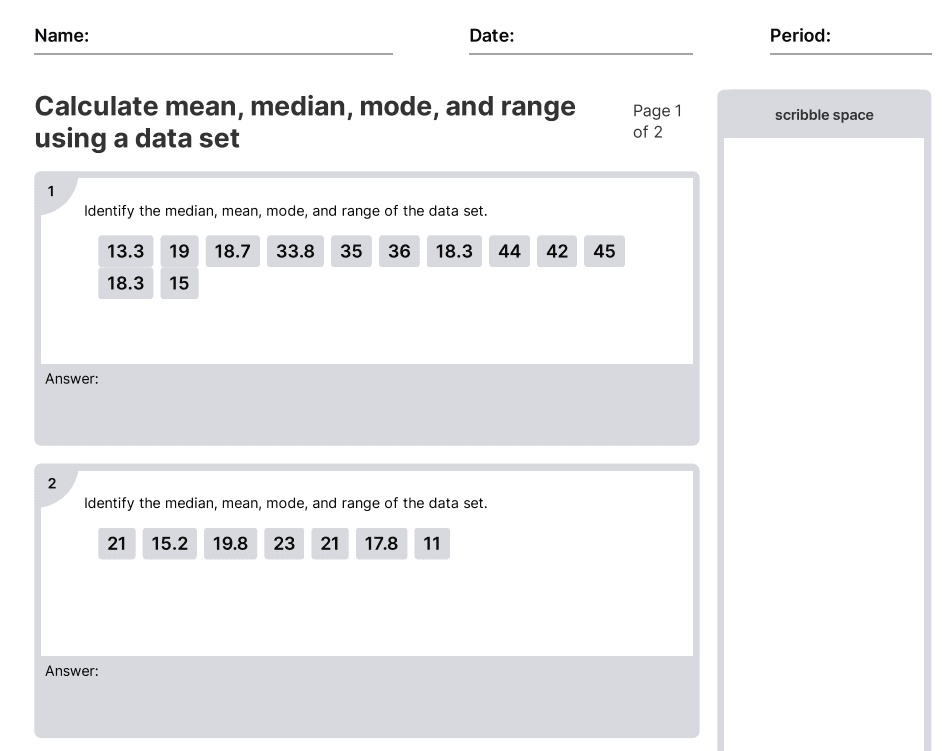 Calculate Mean, Median, Mode, And Range Using A Data Set Worksheets ...