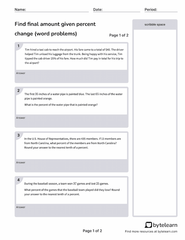 Find Final Amount Given Percent Change (Word Problems) Worksheets [PDF